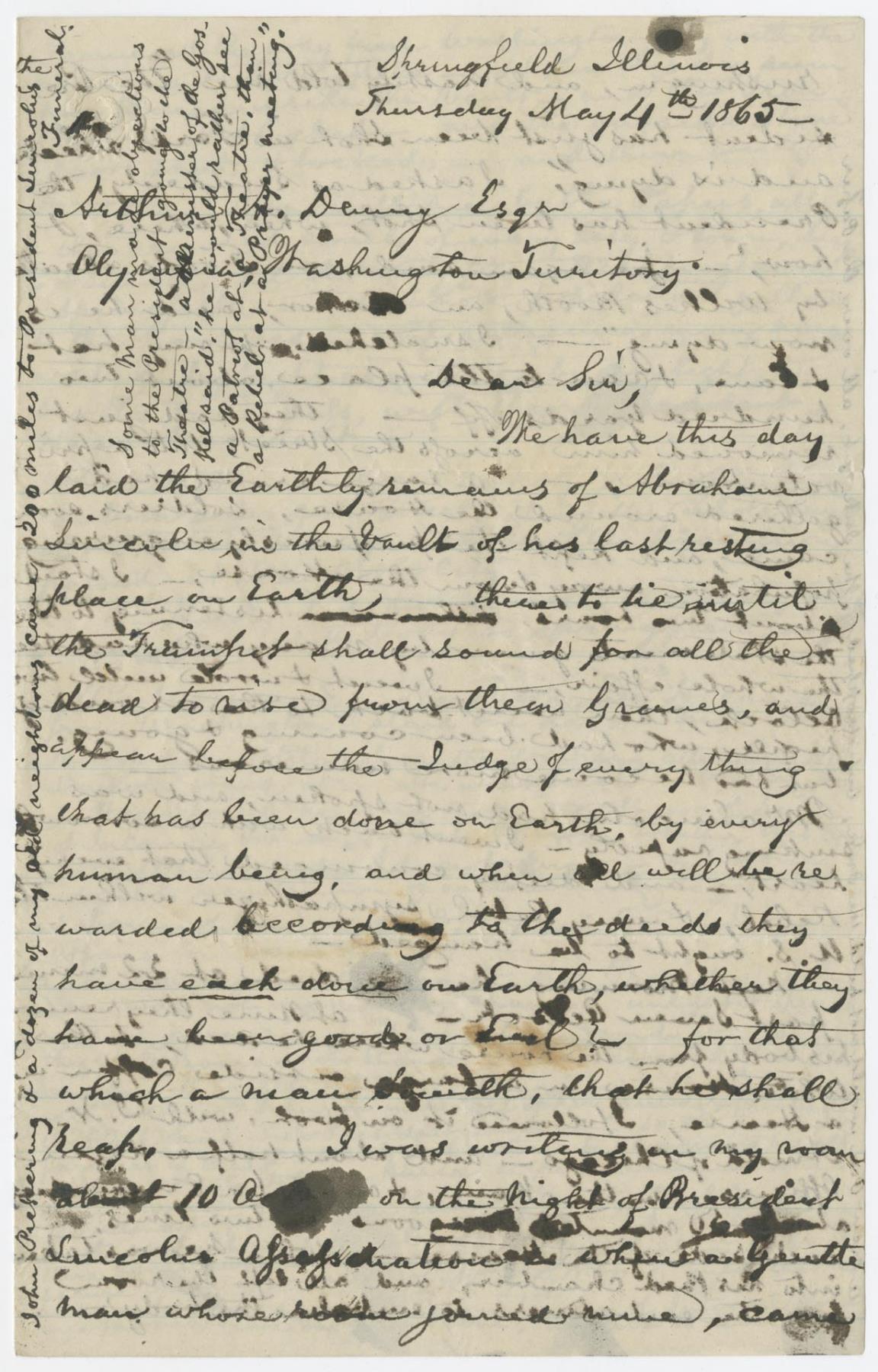 Image of William Pickering's letter to Arthur Denny about Lincoln assassination, Washington, DC, May 4, 1865