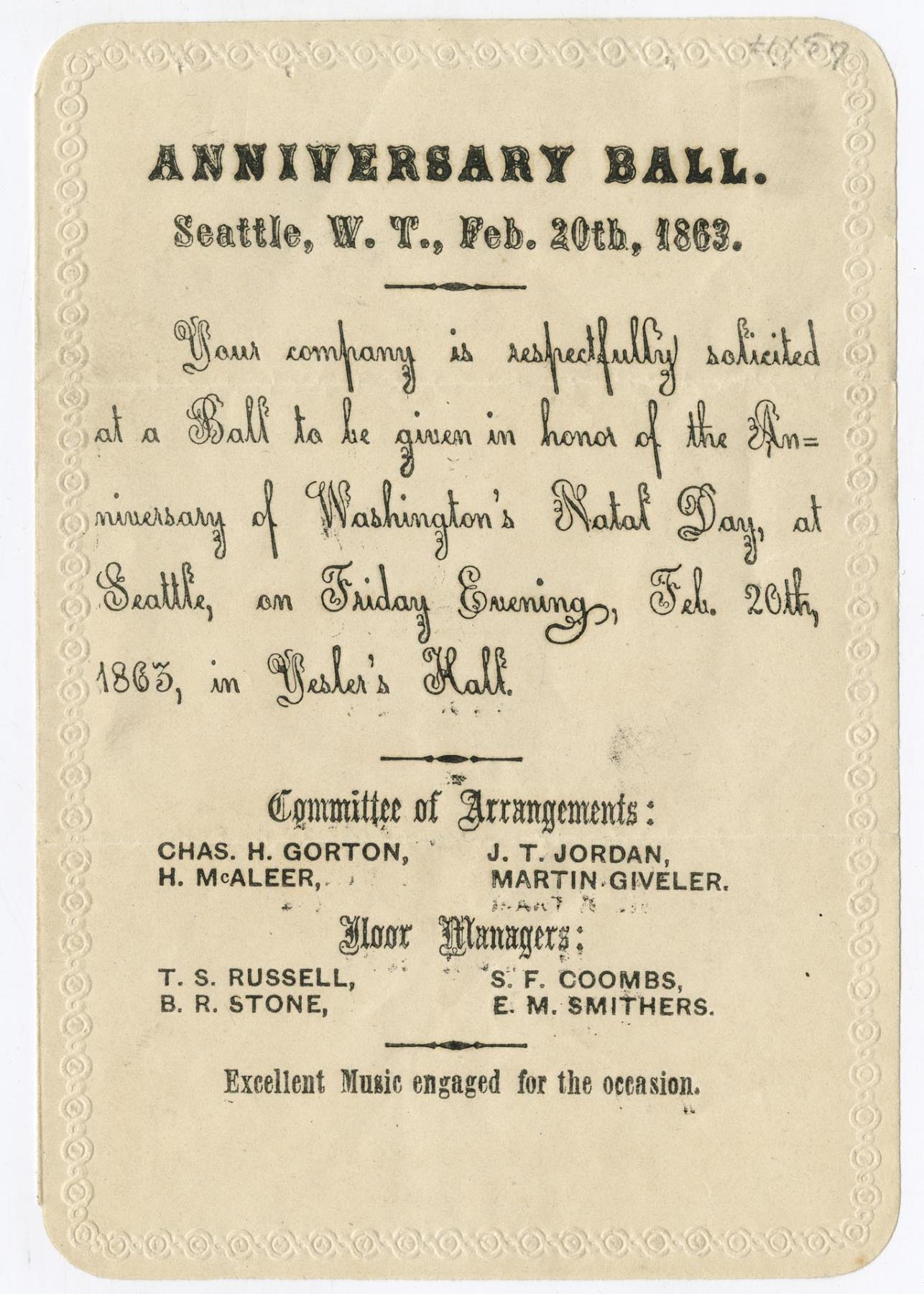 Image of Territorial anniversary ball invitation, February 20, 1863