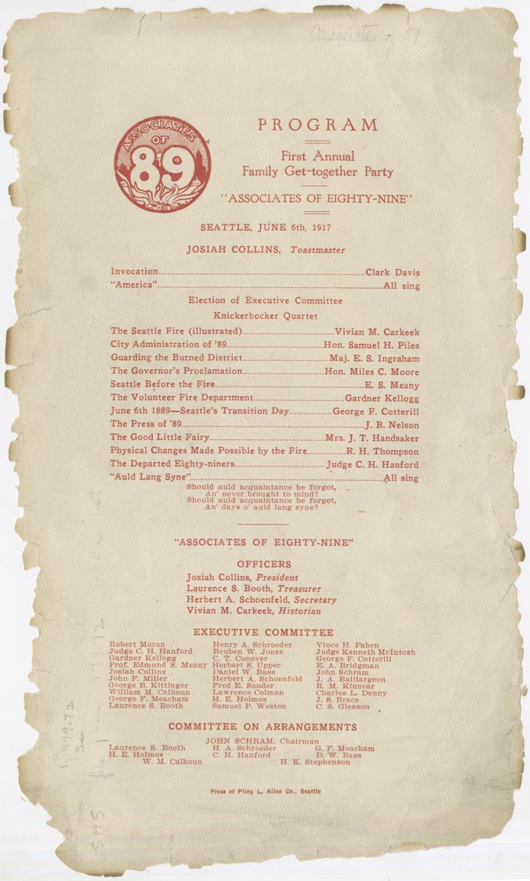 Image of Great Seattle Fire Reunion program, Seattle, June 6, 1917