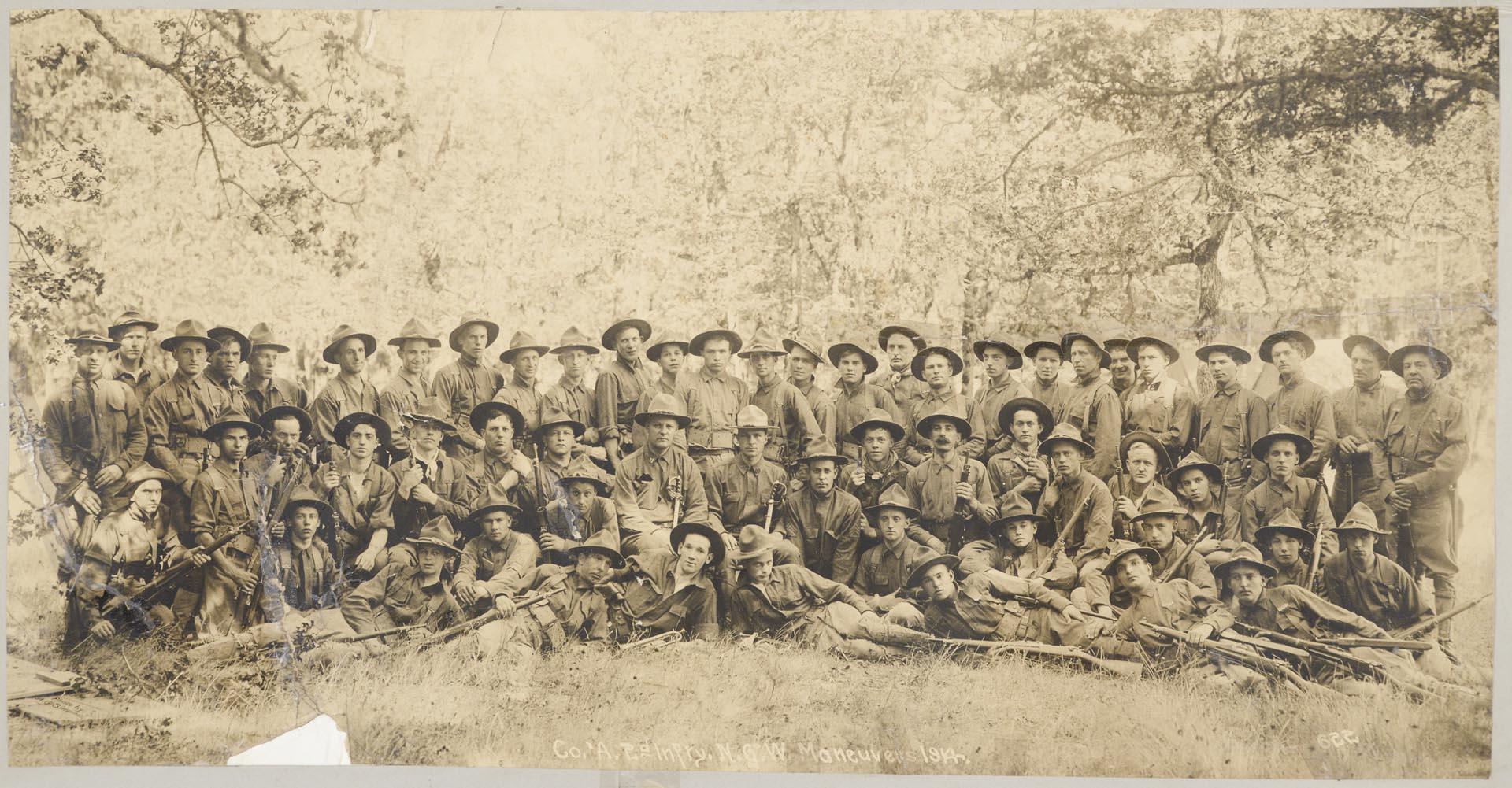 Image of Members of Washington National Guard, Company A, 2nd Infantry, posing together, 1914