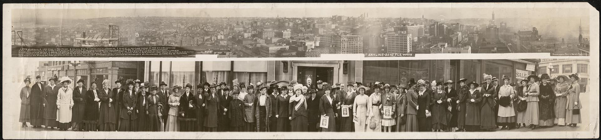 Image of Seattle skyline and suffragists, 1915