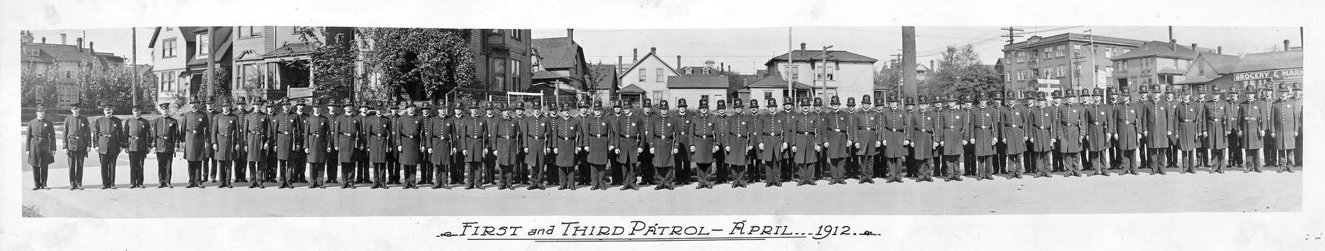 Image of Police Dept. First and Third Patrol officers posing, Seattle, April 1912