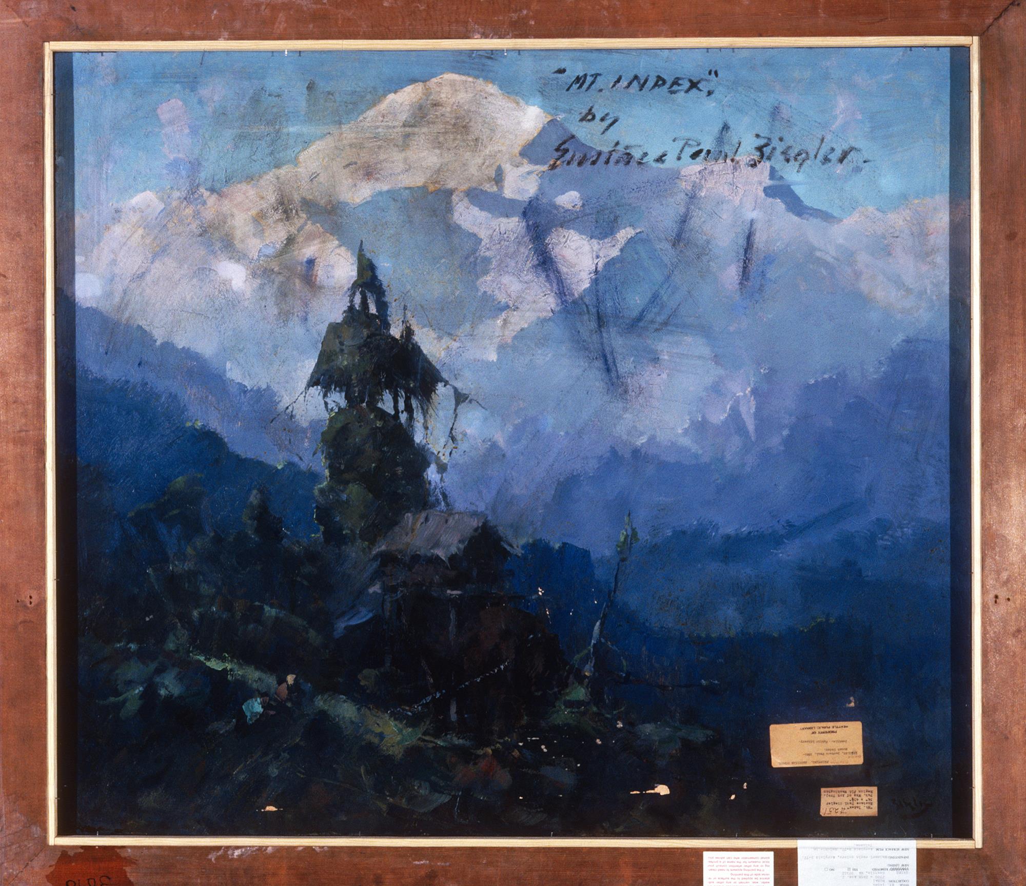 Image of Painting of Mt. Index, by Eustace Ziegler, ca. 1934, with unfinished painting of Mt. McKinley and packhorses on verso