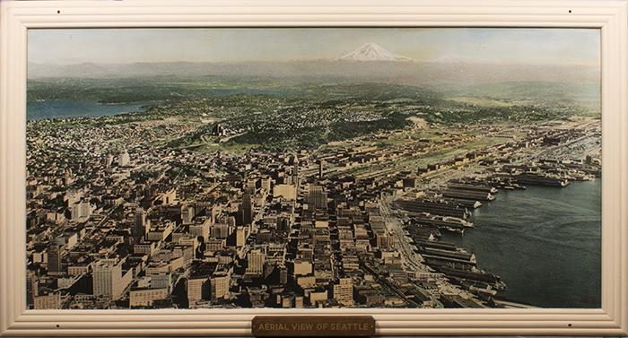 Image of Large framed colored photograph looking south at downtown Seattle from Queen Anne Hill, 1940s