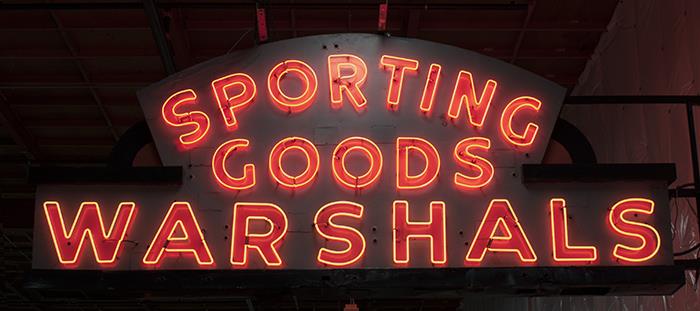 Image of Warshal's Sporting Goods neon sign, ca. 1935