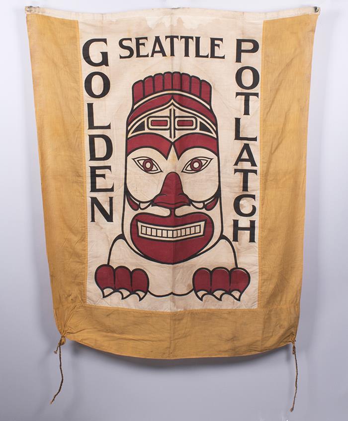 Image of Seattle Golden Potlatch banner, ca. 1911-1940