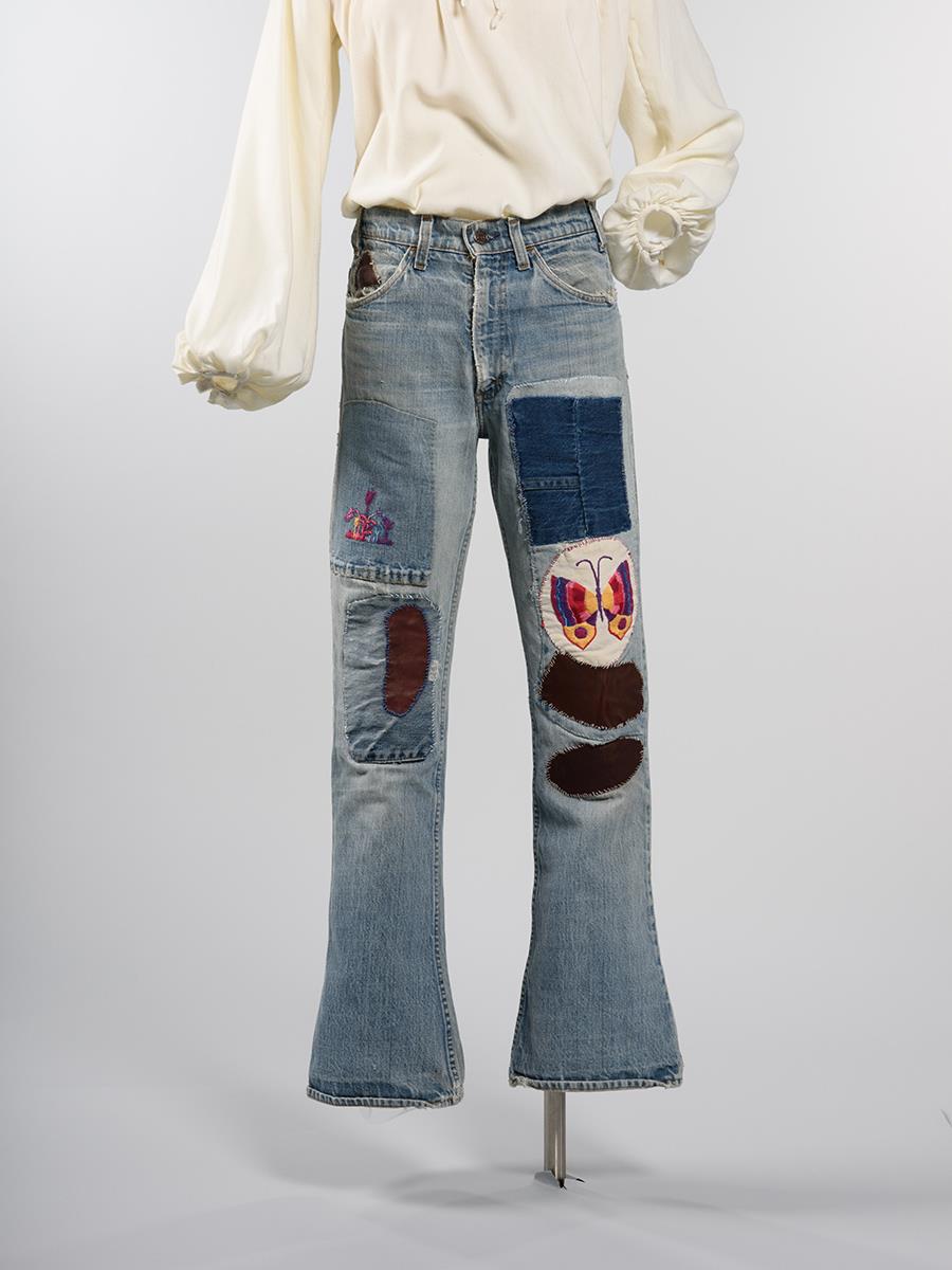 Image of Pair of bell-bottom jeans with patches, 1968-1980