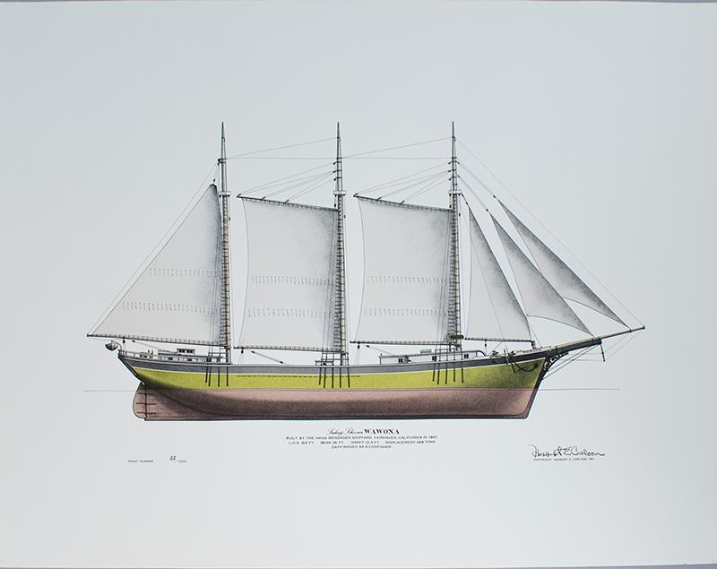 Image of Color print drawing of the sailing schooner Wawona by local artist Herbert Carlson, 1983