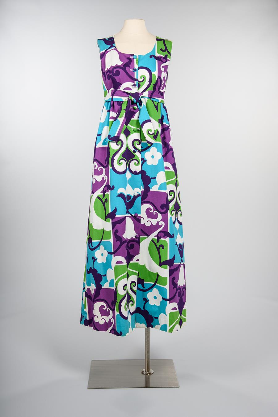 Image of Blue, green, and teal cotton dress made by Marontate-Jones Inc., ca. 1960s-1970s