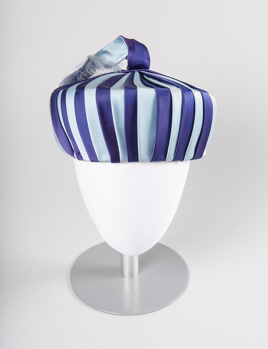 Image of Blue striped hat with John Eaton label, ca. 1950s-1960s