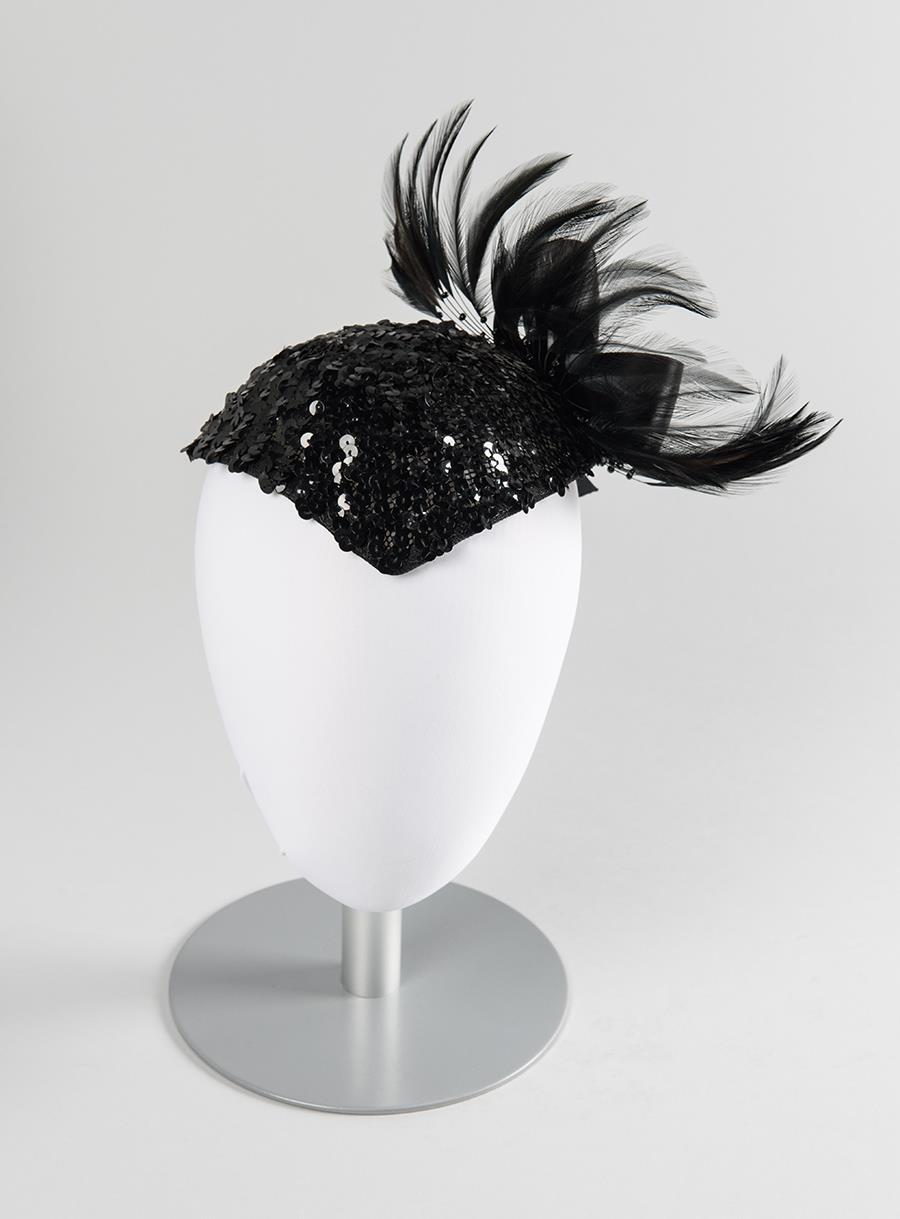 Image of Black hat with sequins and feathers designed by Ethel Young, ca. 1950s-1960s