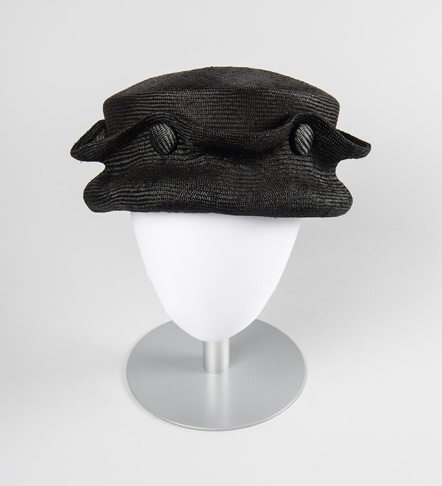 Image of Black straw hat made by Izzie Lewis, ca. 1996