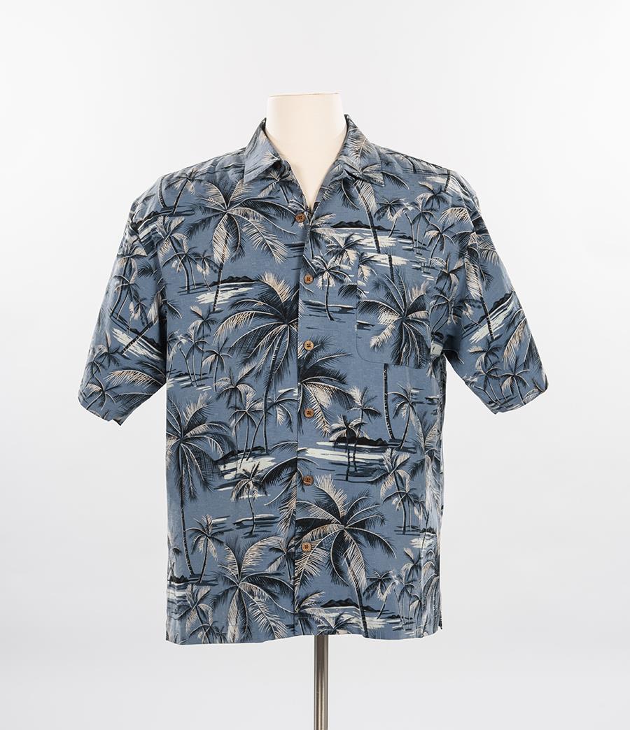 Image of Tommy Bahama camp shirt with blue palm tree print, 2003