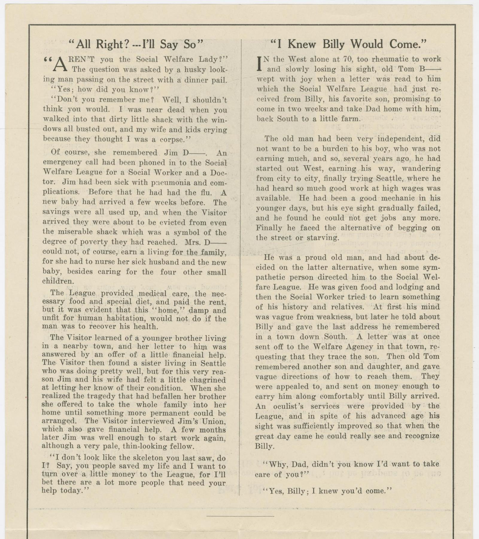 Image of Seattle Social Welfare League brochure, circa 1930