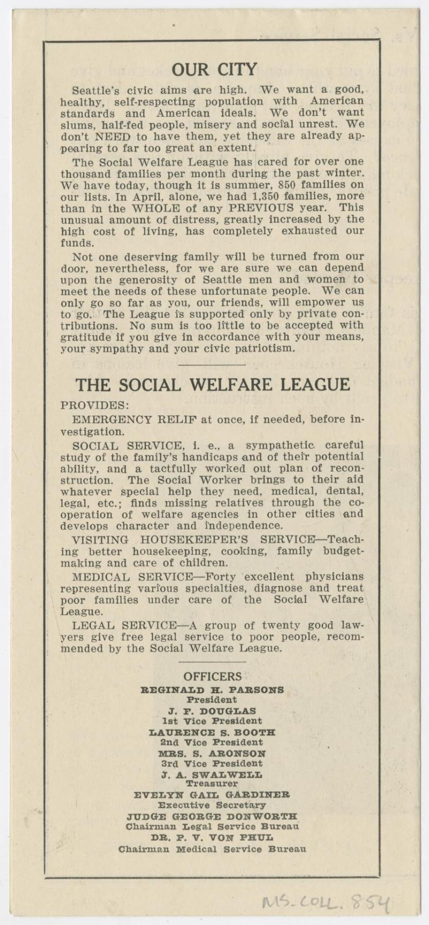 Image of Seattle Social Welfare League brochure, circa 1930