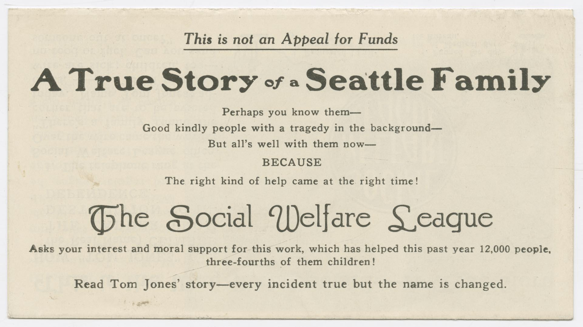 Image of Seattle Social Welfare League brochure, circa 1930