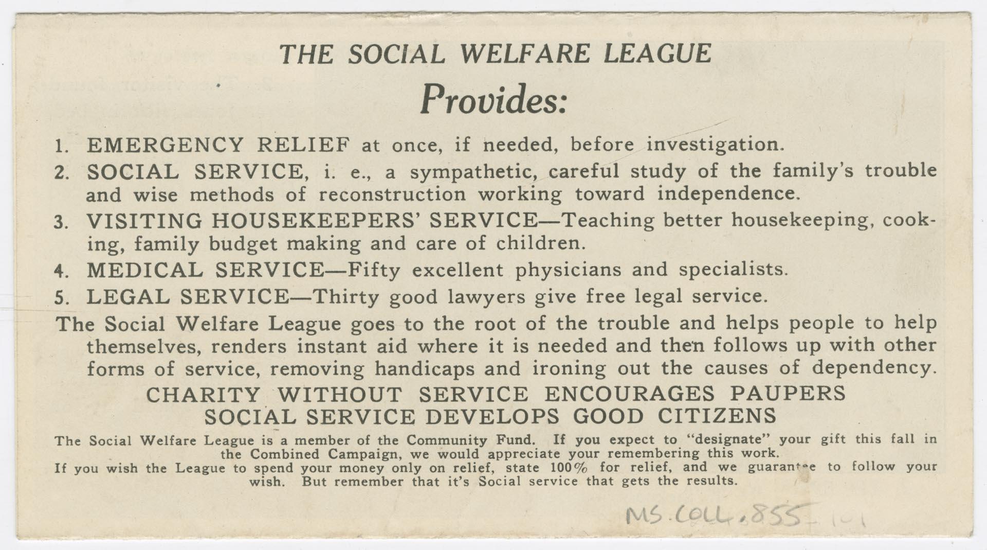Image of Seattle Social Welfare League brochure, circa 1930