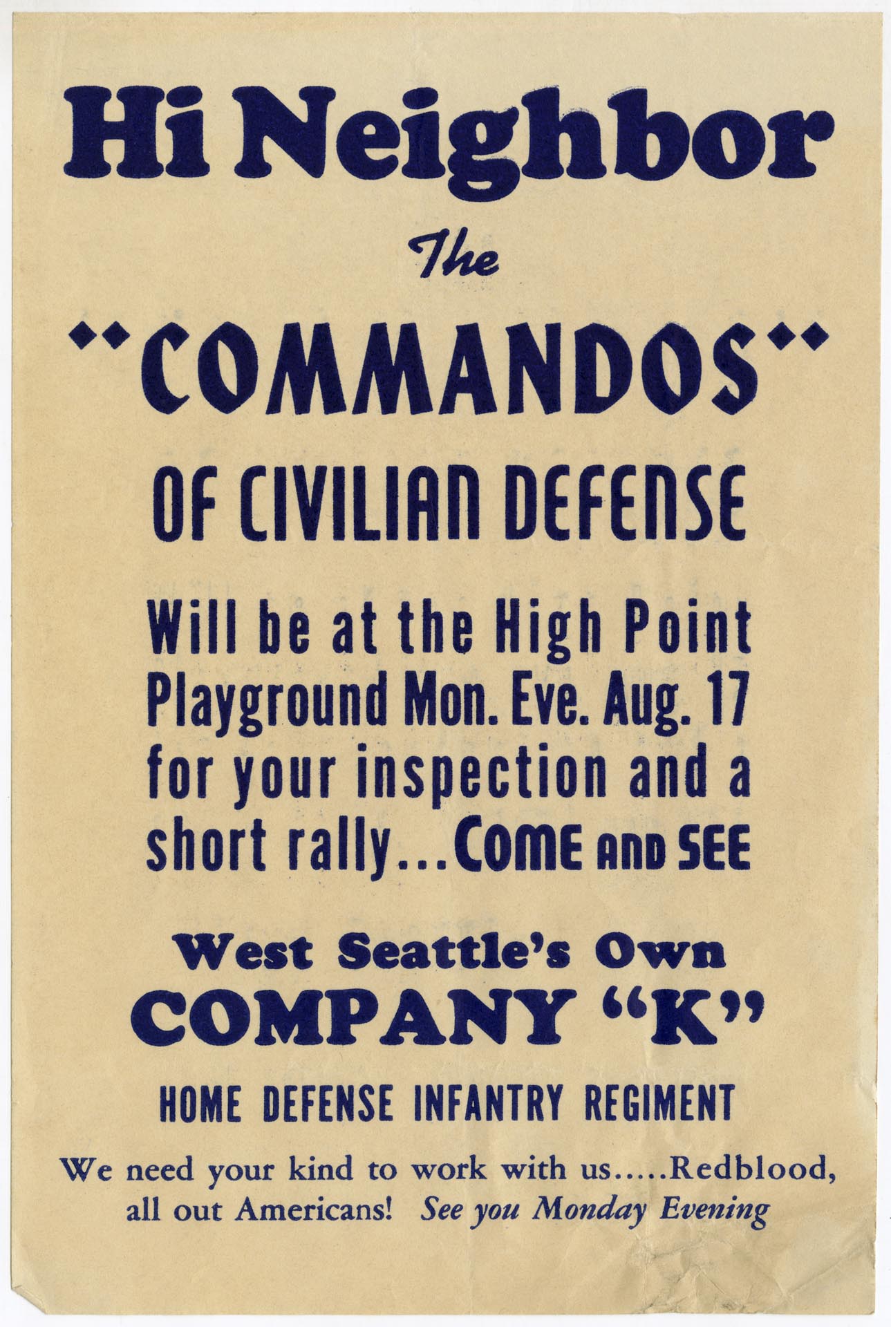 Image of Home Defense Infantry Regimen rally flier, Seattle, August 17, 1942