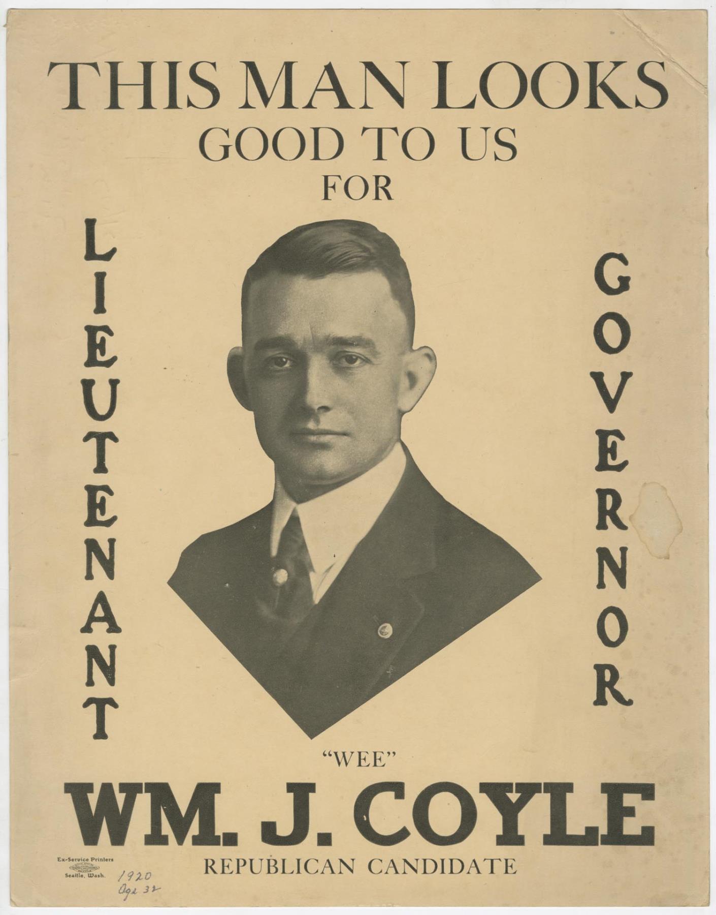 Image of William J. Coyle for Lieutenant Governor poster, Seattle, 1920