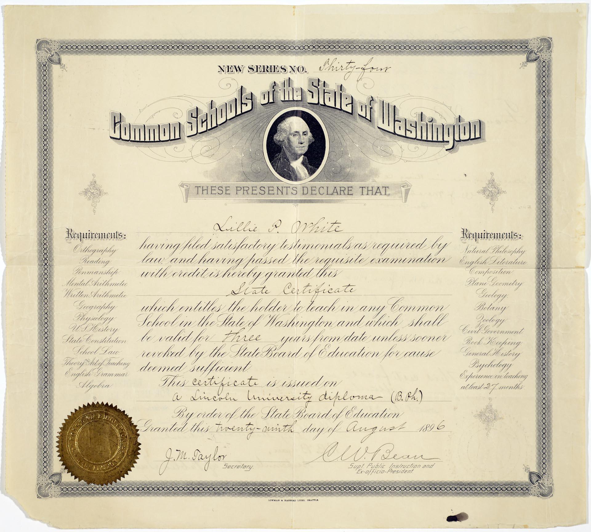 Image of Lillie Pauline White teaching certificate, King County, August 29, 1896
