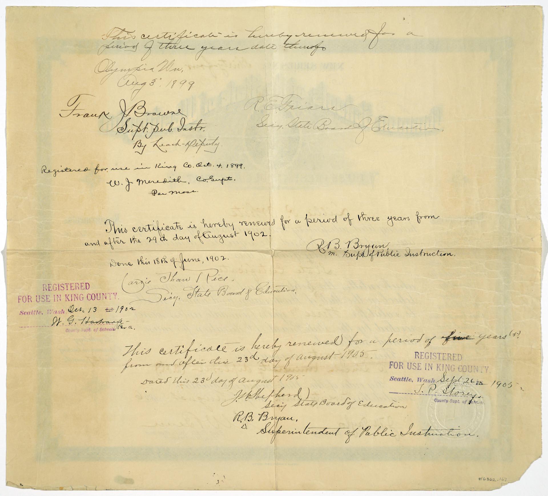 Image of Lillie Pauline White teaching certificate, King County, August 29, 1896