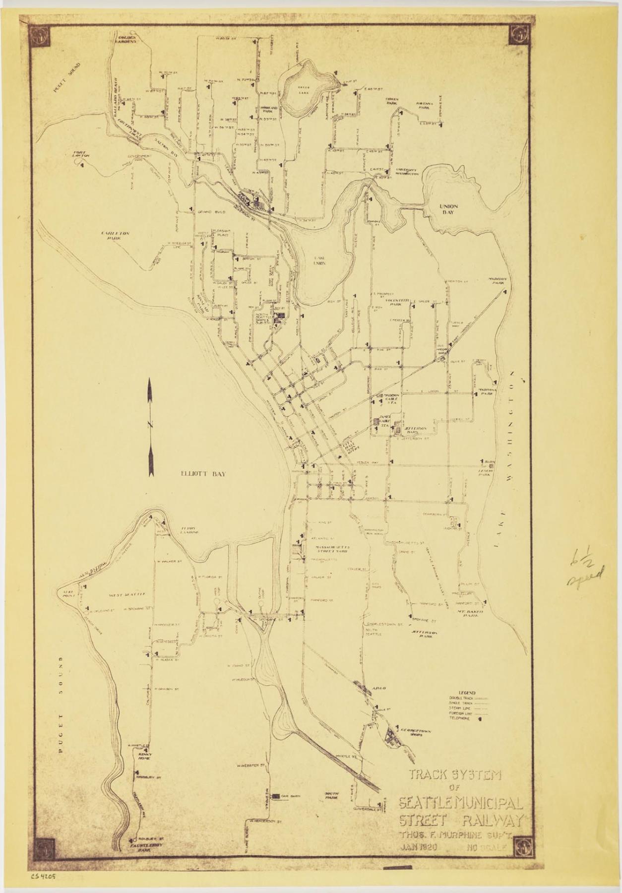 Image of Track System of Seattle Municipal Street Railway map, January 1920