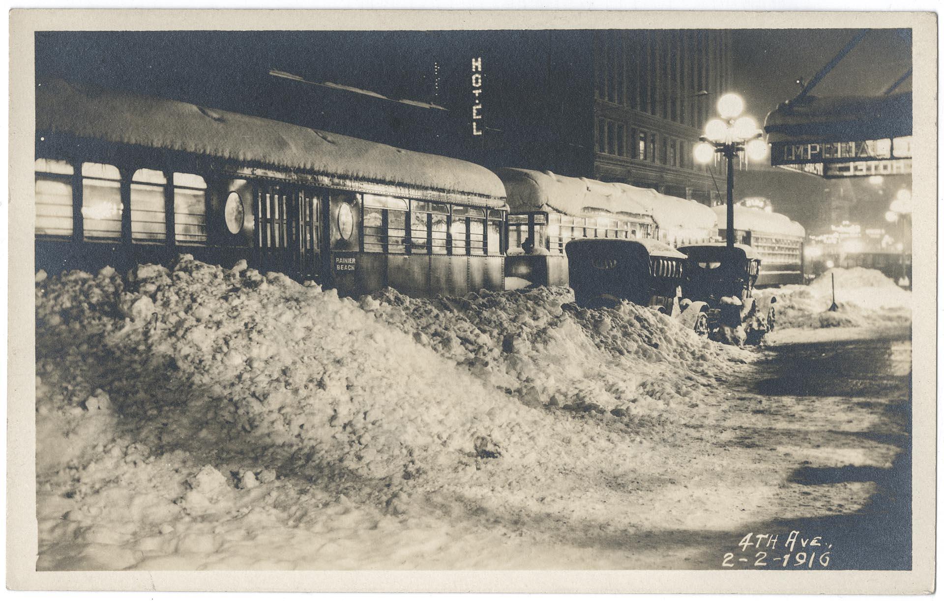 Image of Rainier Beach trolley on 4th Avenue in deep snow, Seattle,  February 2, 1916