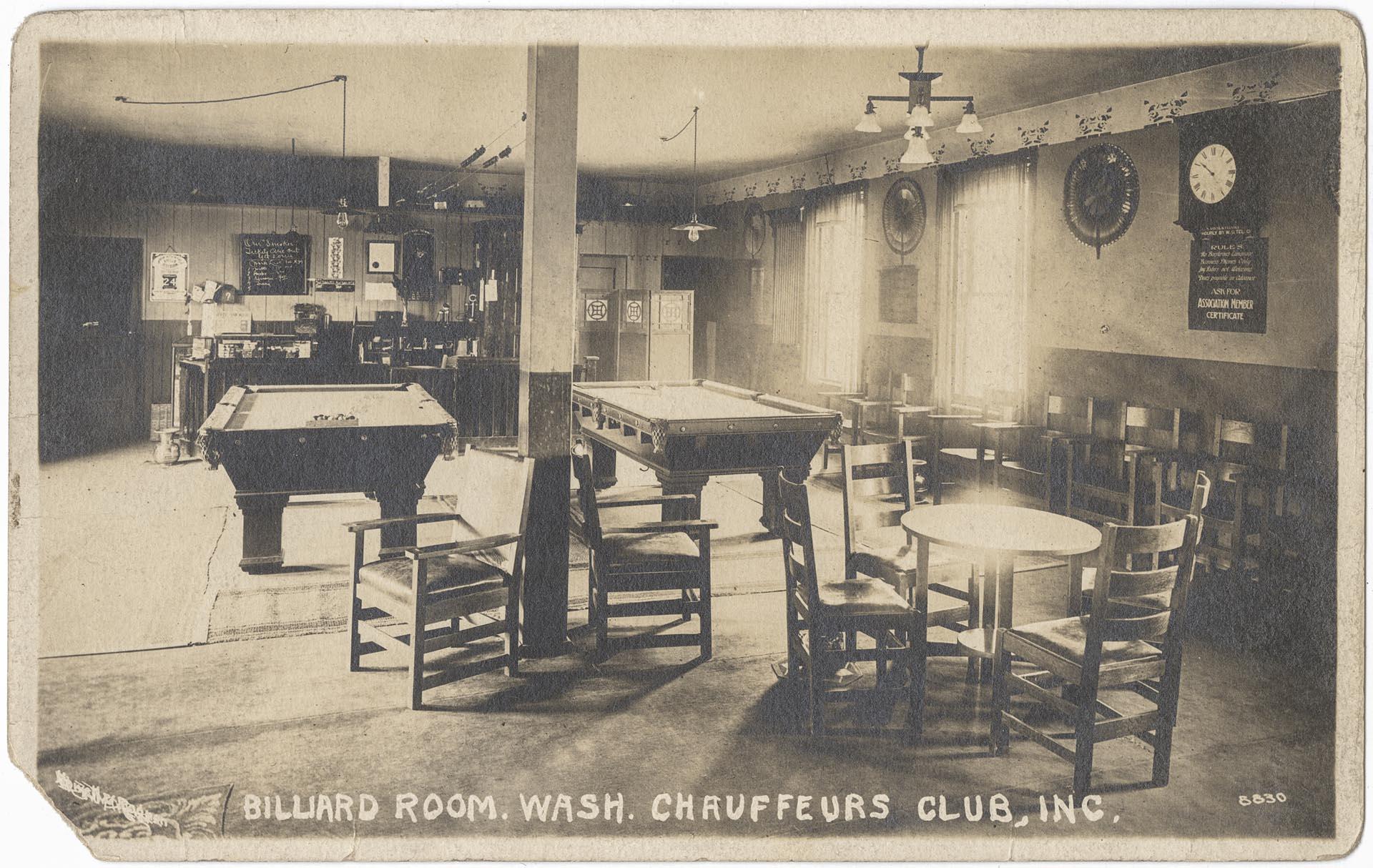Image of Billiard room at Washington Chauffeurs Club, circa 1909
