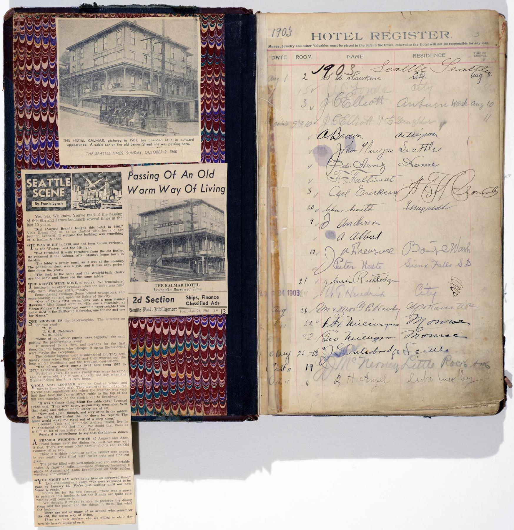 Image of Hotel Kalmar guest register, Seattle, 1903-1914