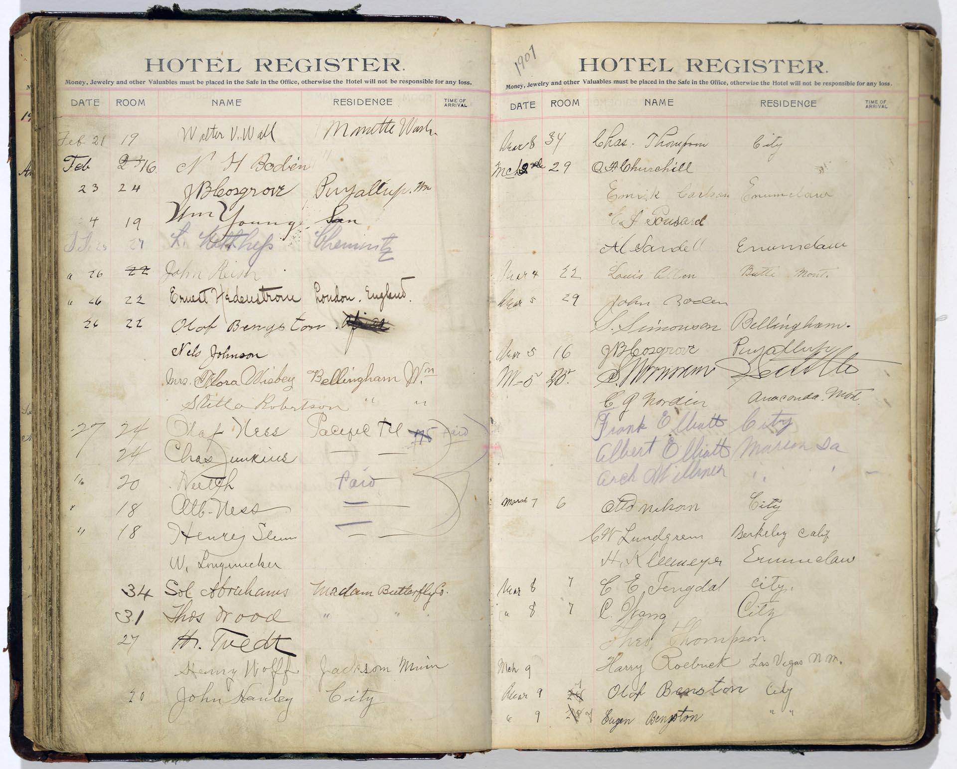 Image of Hotel Kalmar guest register, Seattle, 1903-1914