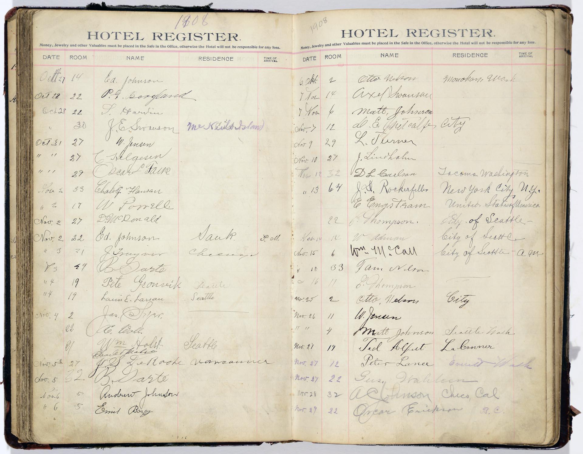 Image of Hotel Kalmar guest register, Seattle, 1903-1914