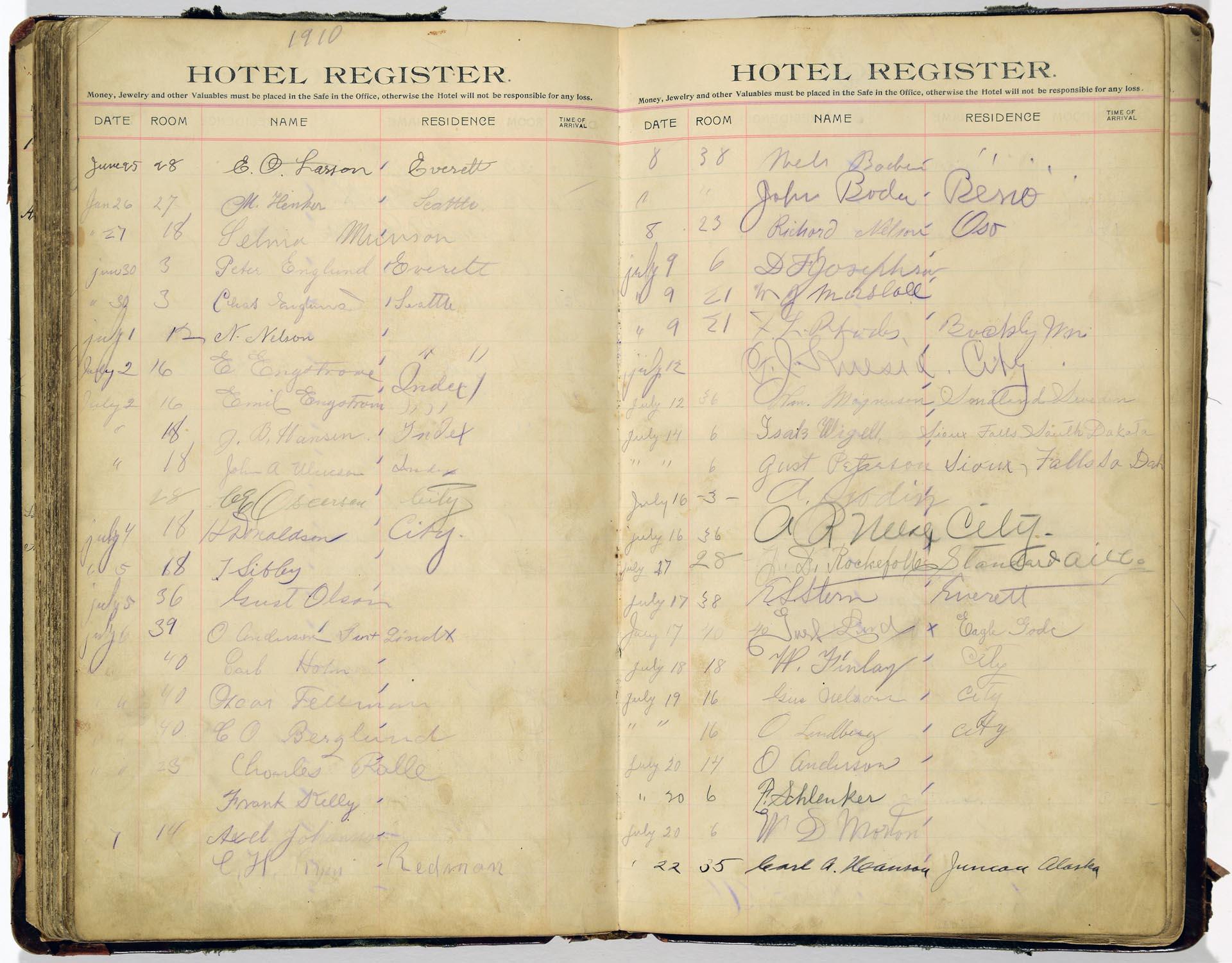 Image of Hotel Kalmar guest register, Seattle, 1903-1914
