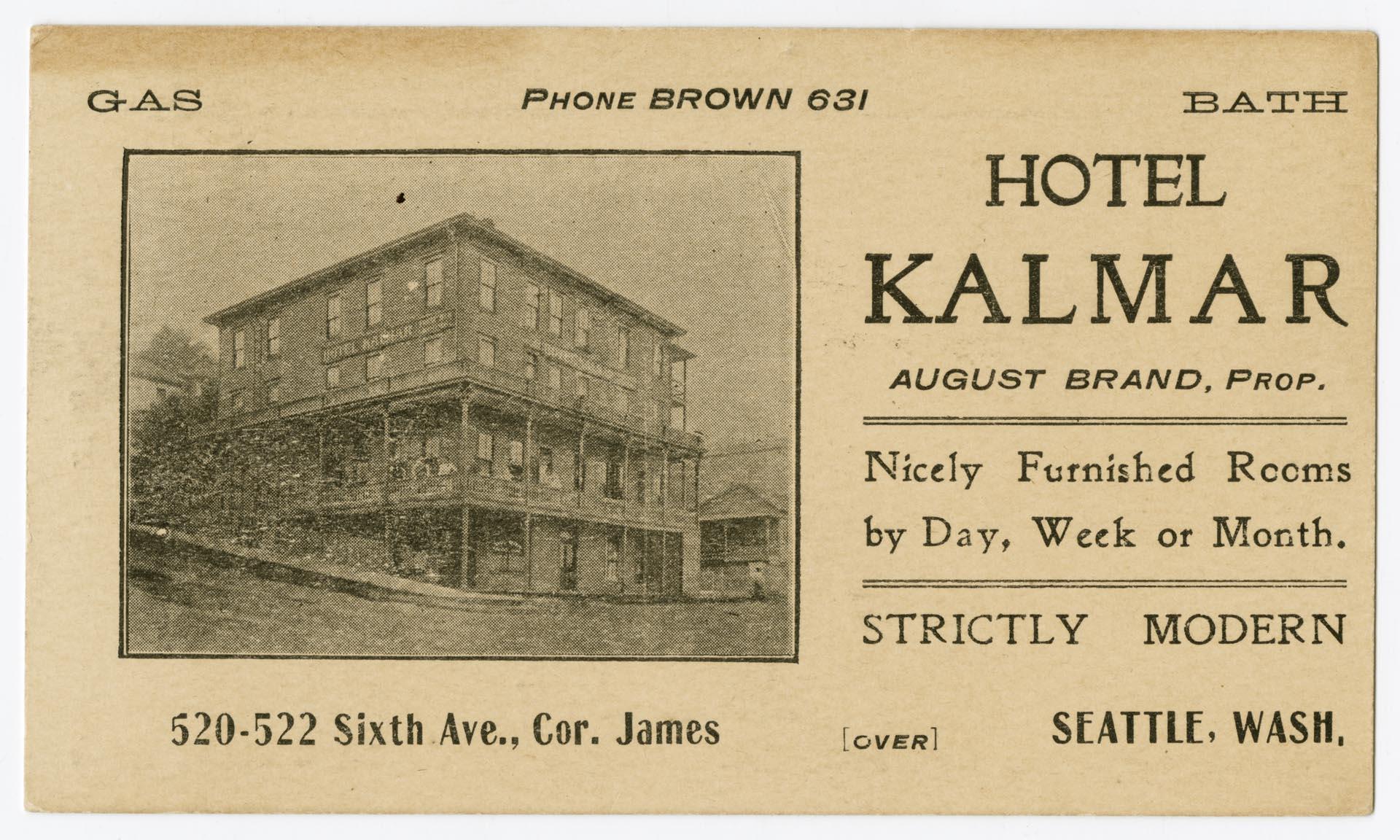 Image of Hotel Kalmar business card, Seattle, circa 1910