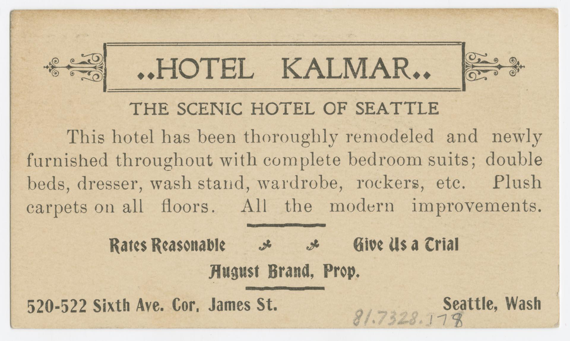 Image of Hotel Kalmar business card, Seattle, circa 1910