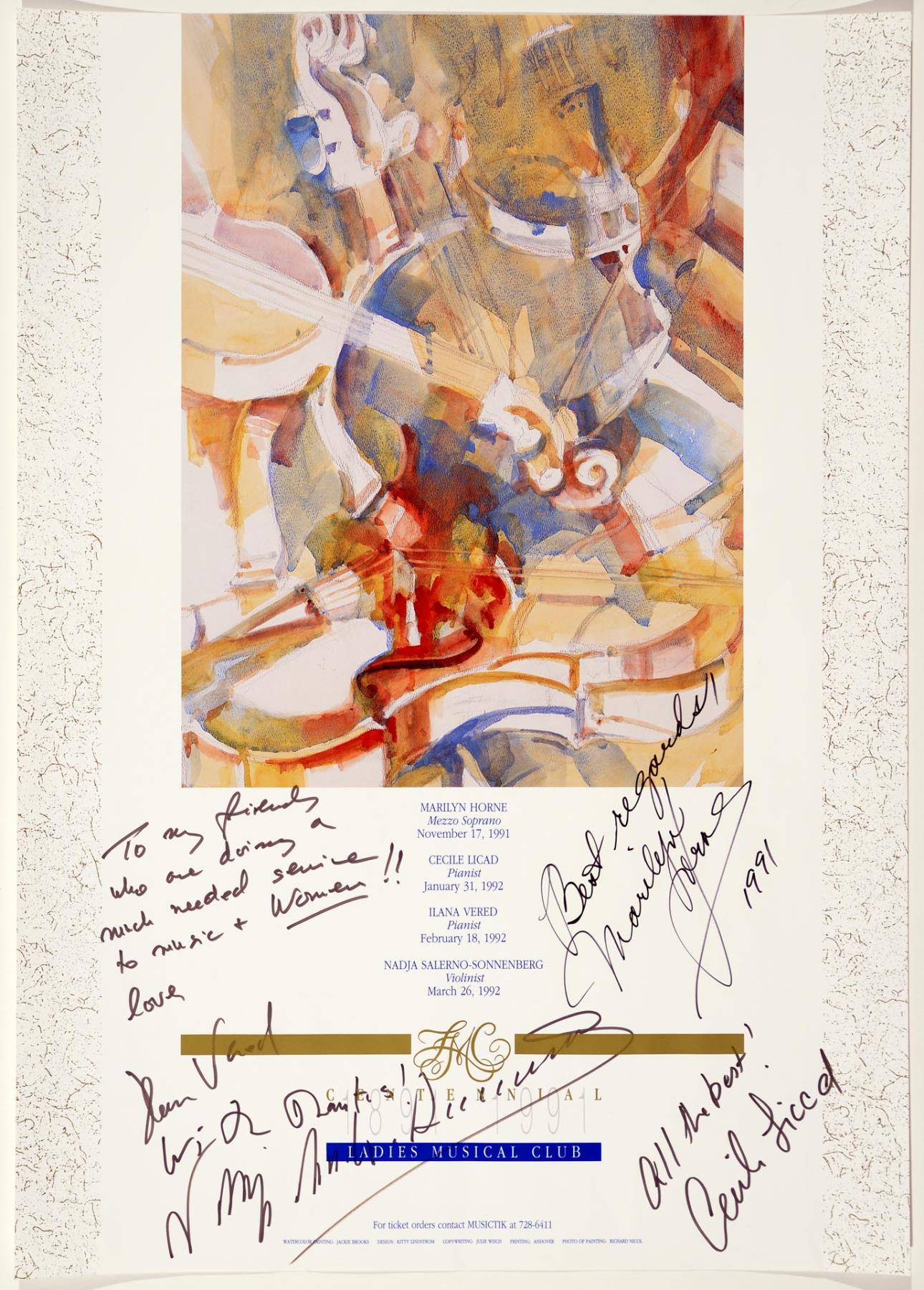Image of Ladies Musical Club poster with autographs, Seattle, 1991-1992
