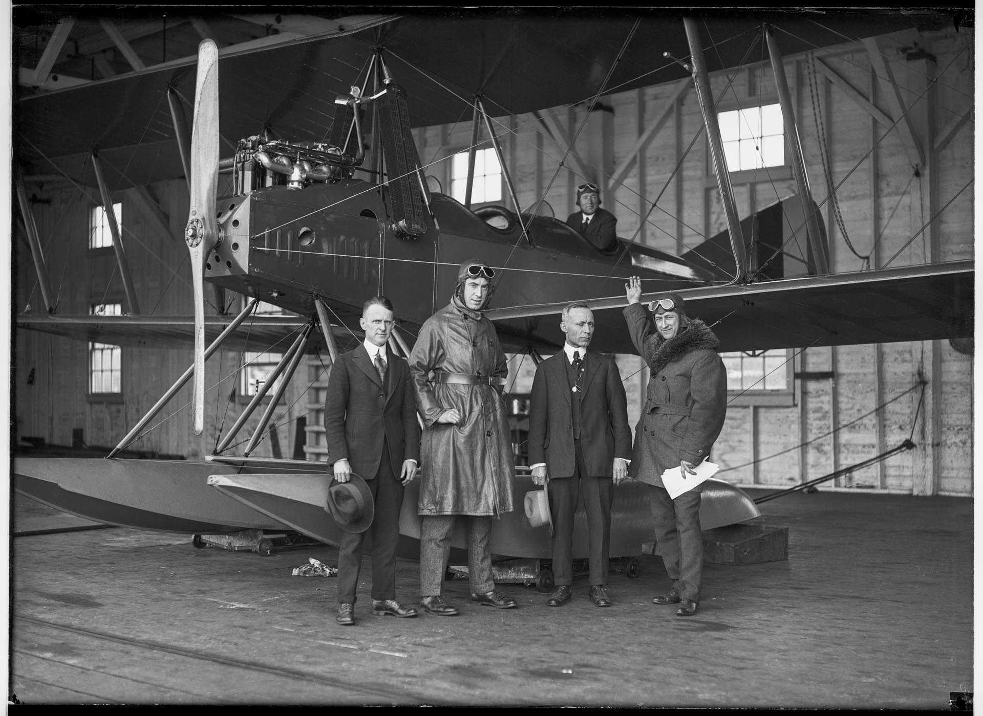 Image of Herb Munter and others posing with Boeing Model C seaplane, Seattle, circa 1916