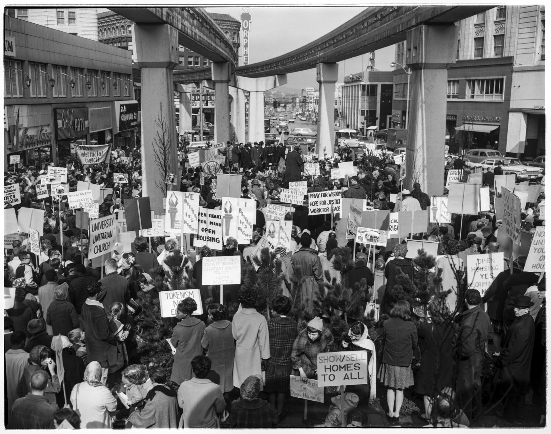 Image of Civil rights supporters demonstrate at Westlake Plaza, Seattle, March 7, 1964