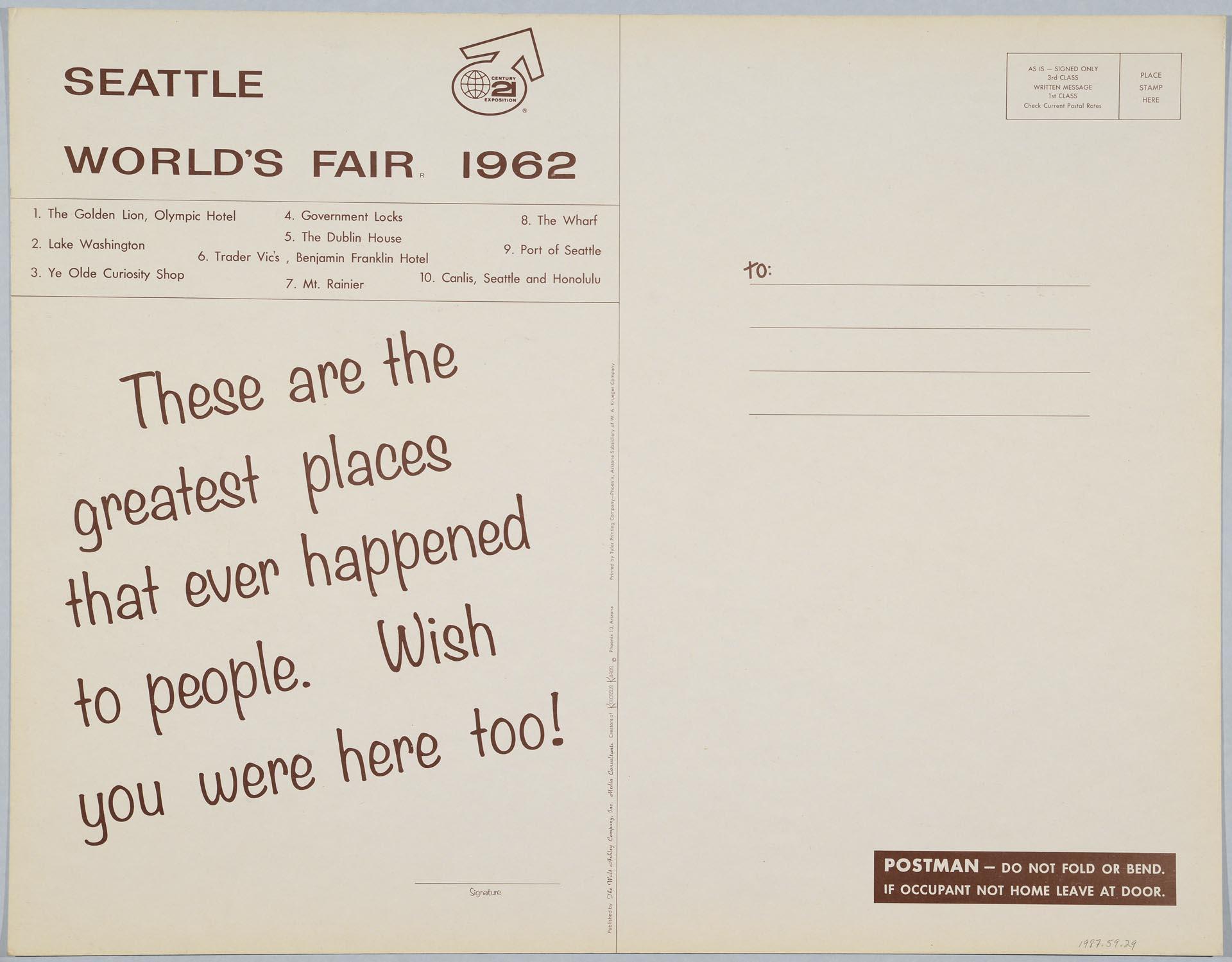 Image of Century 21 Exposition giant postcard, Seattle, April 21 - October 21, 1962
