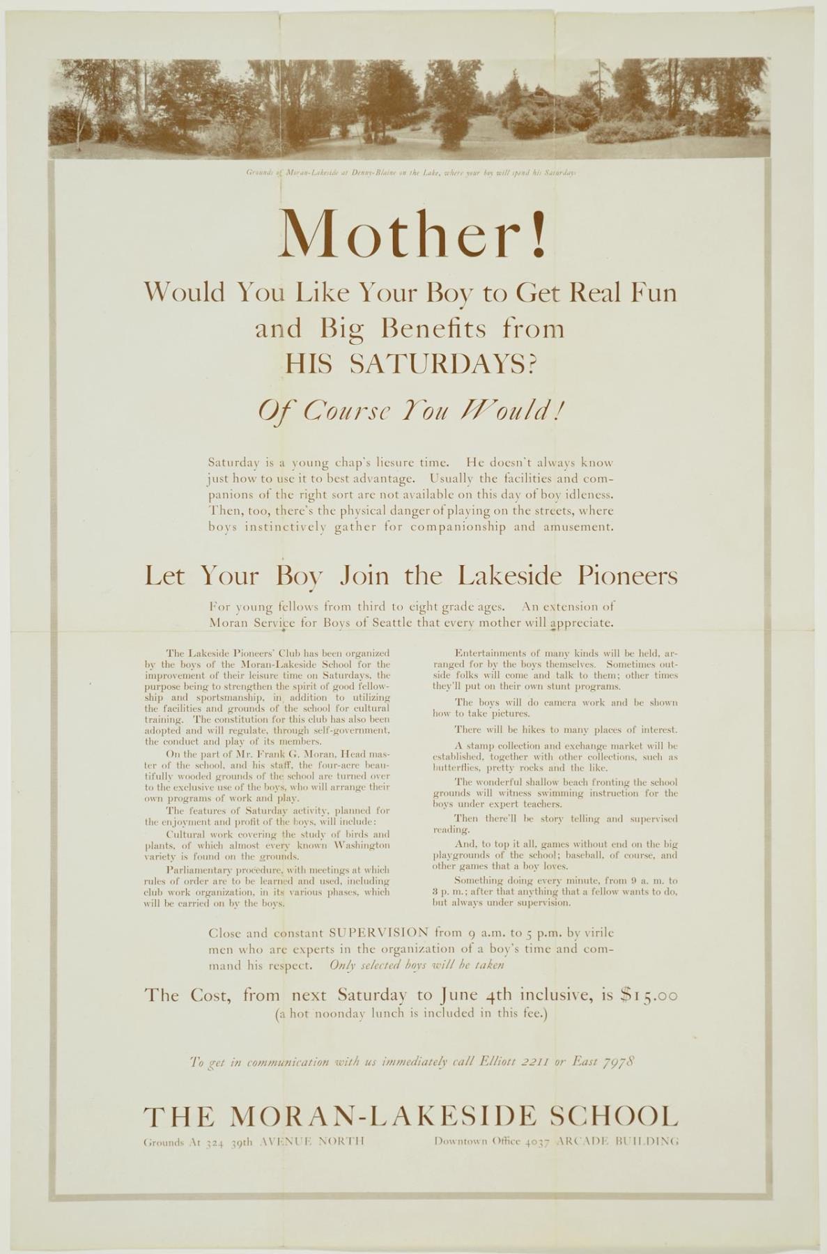 Image of Moran-Lakeside School mailer, Seattle, 1921