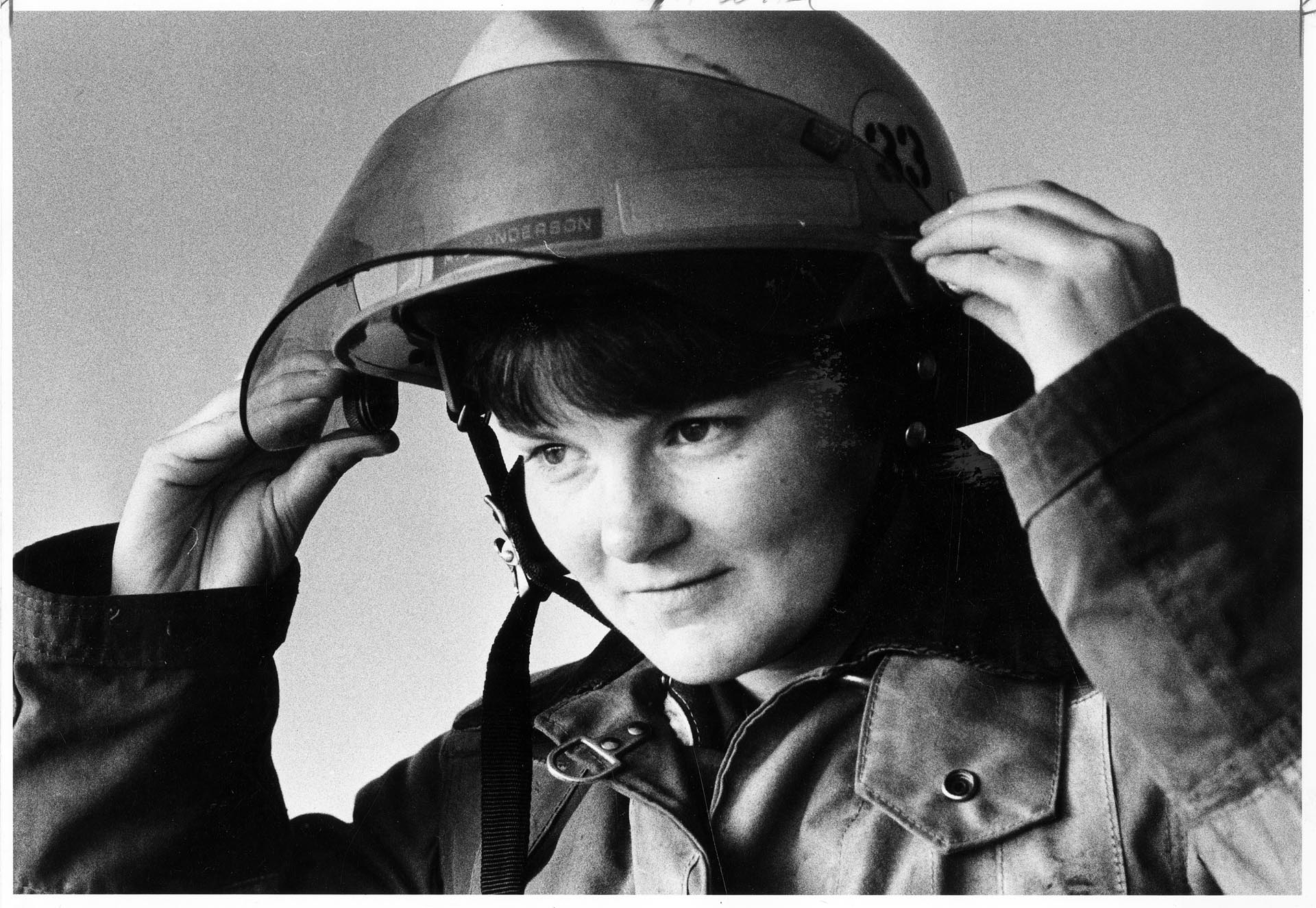 Image of Melanie Anderson in her firefighting gear, Seattle, July 2, 1981
