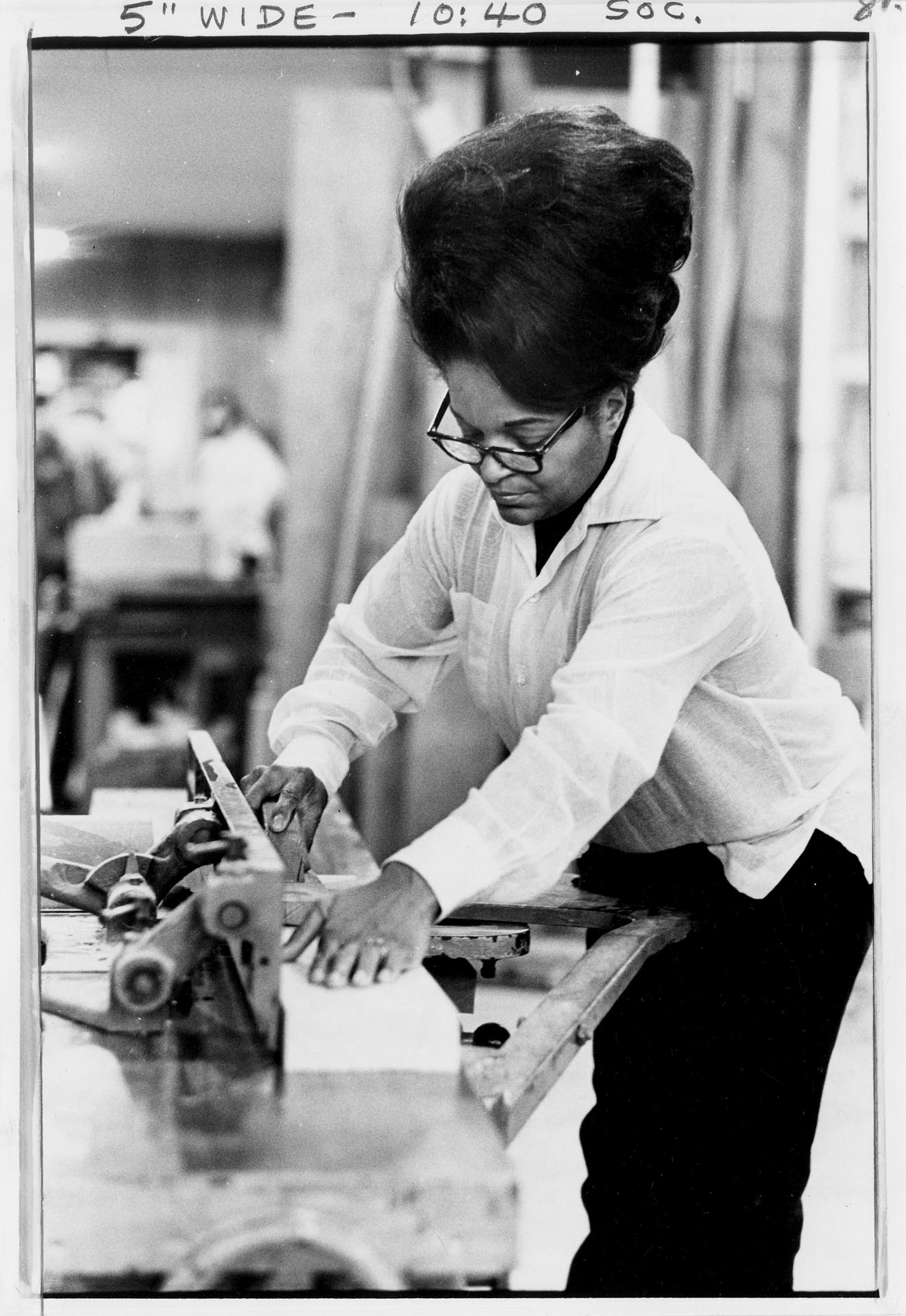 Image of Ruby Bishop working in cabinet-making class, Seattle, January 19, 1972