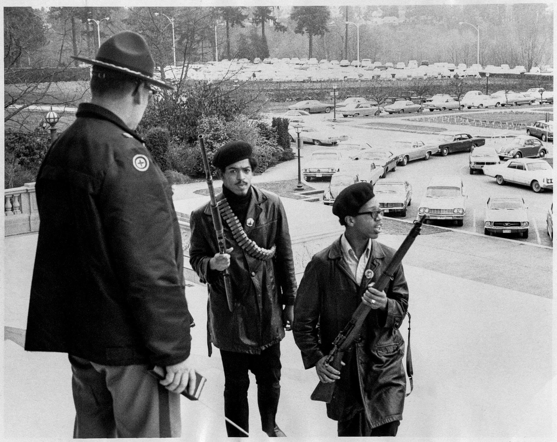 Image of Black Panthers protesting on steps of Capitol building, Olympia, February 28, 1969