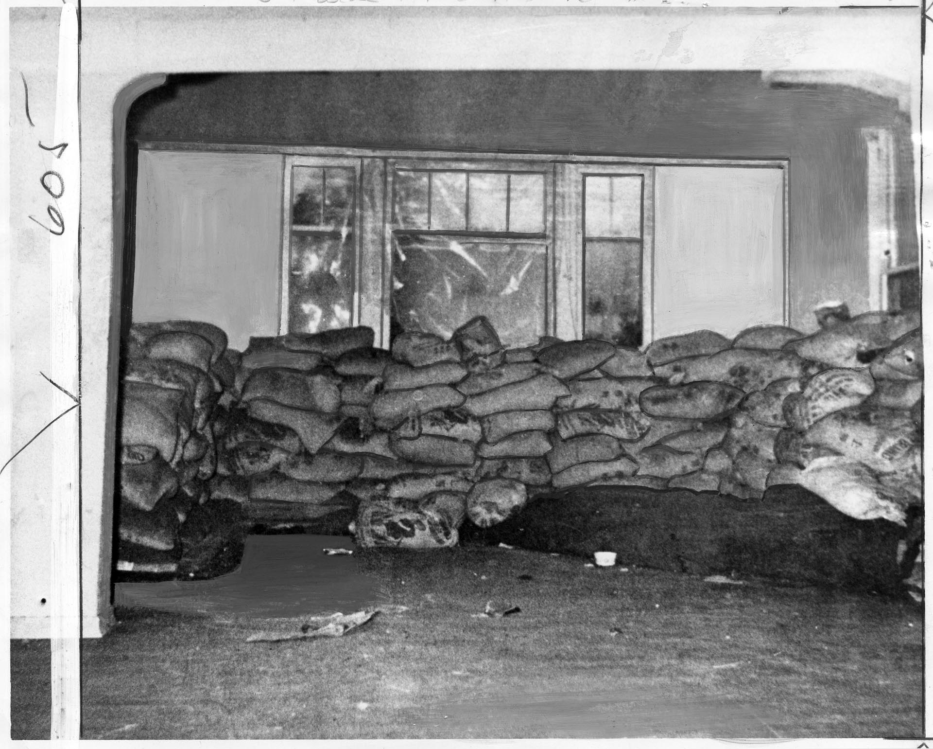 Image of Sandbag fortification at Black Panther headquarters, Seattle, 1971