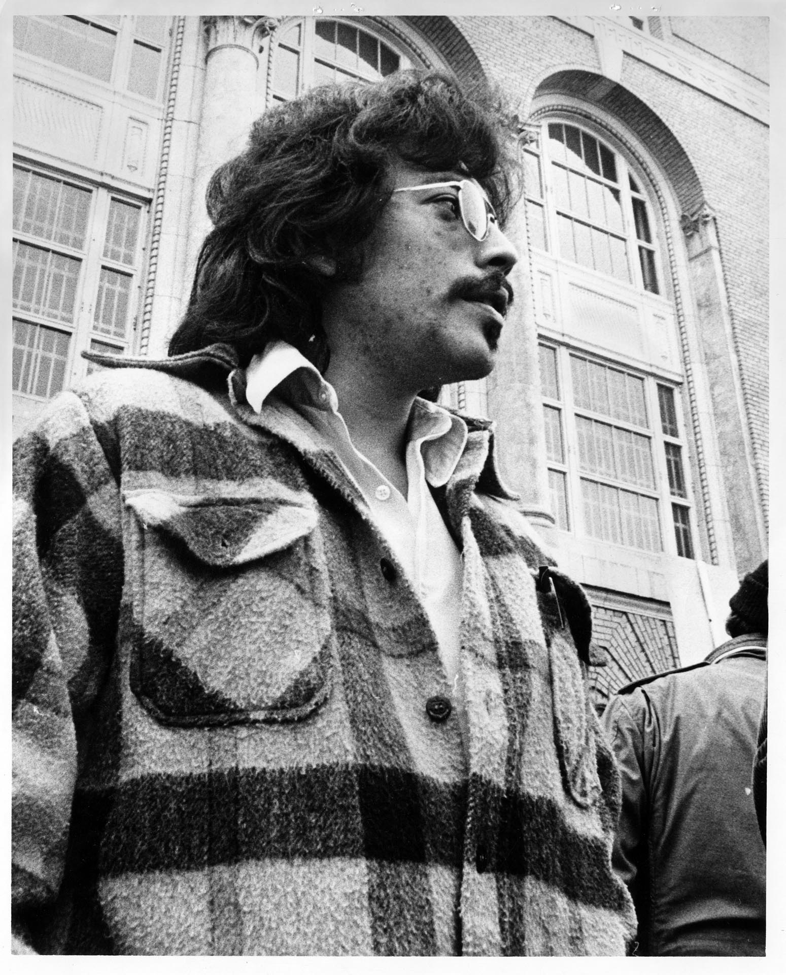 Image of Juan Boanegra speaking at immigration rally on UW campus, Seattle, March 17, 1974