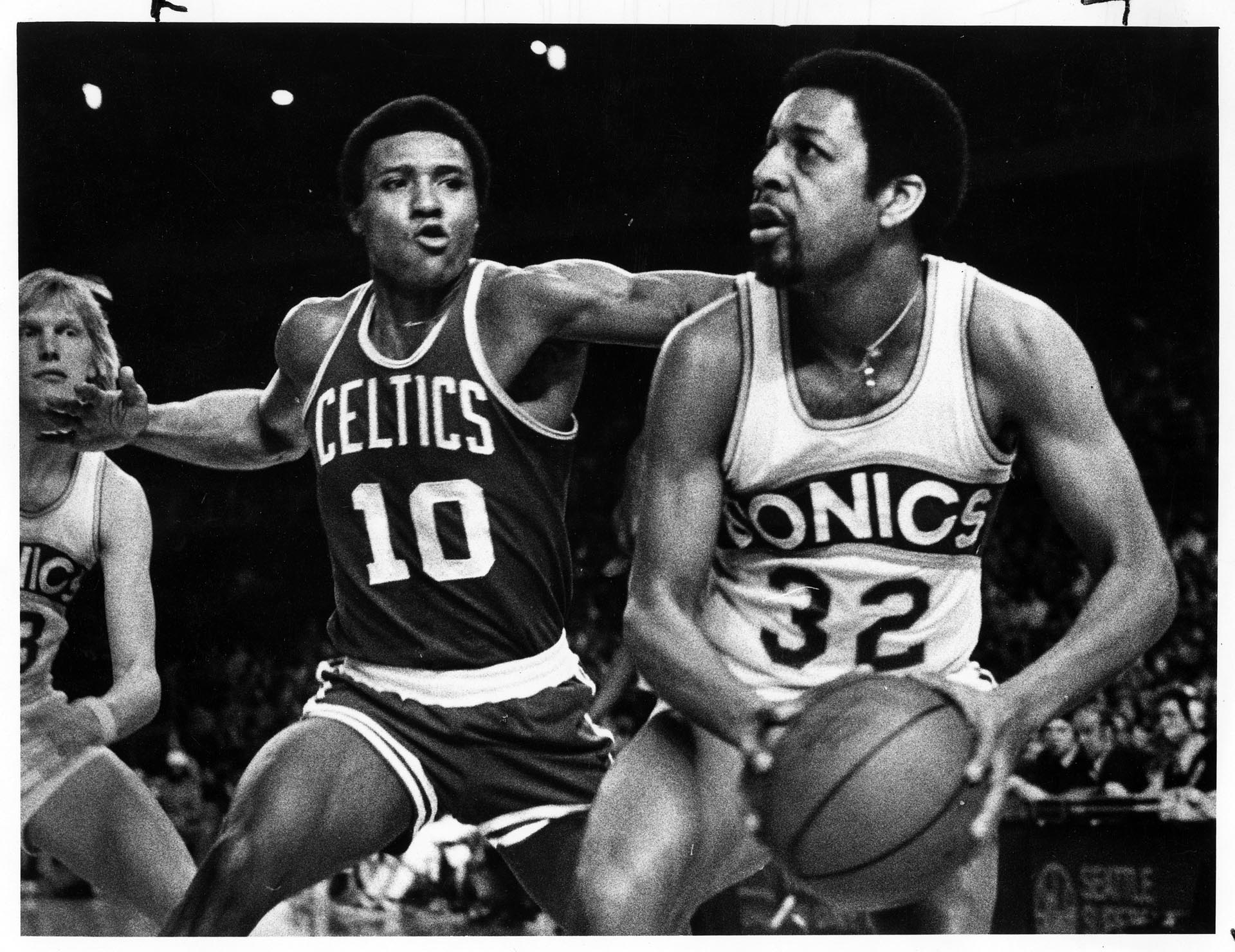 Image of Fred Brown and Jo Jo White during Sonics-Celtics game at Kingdome, Seattle, January 1979