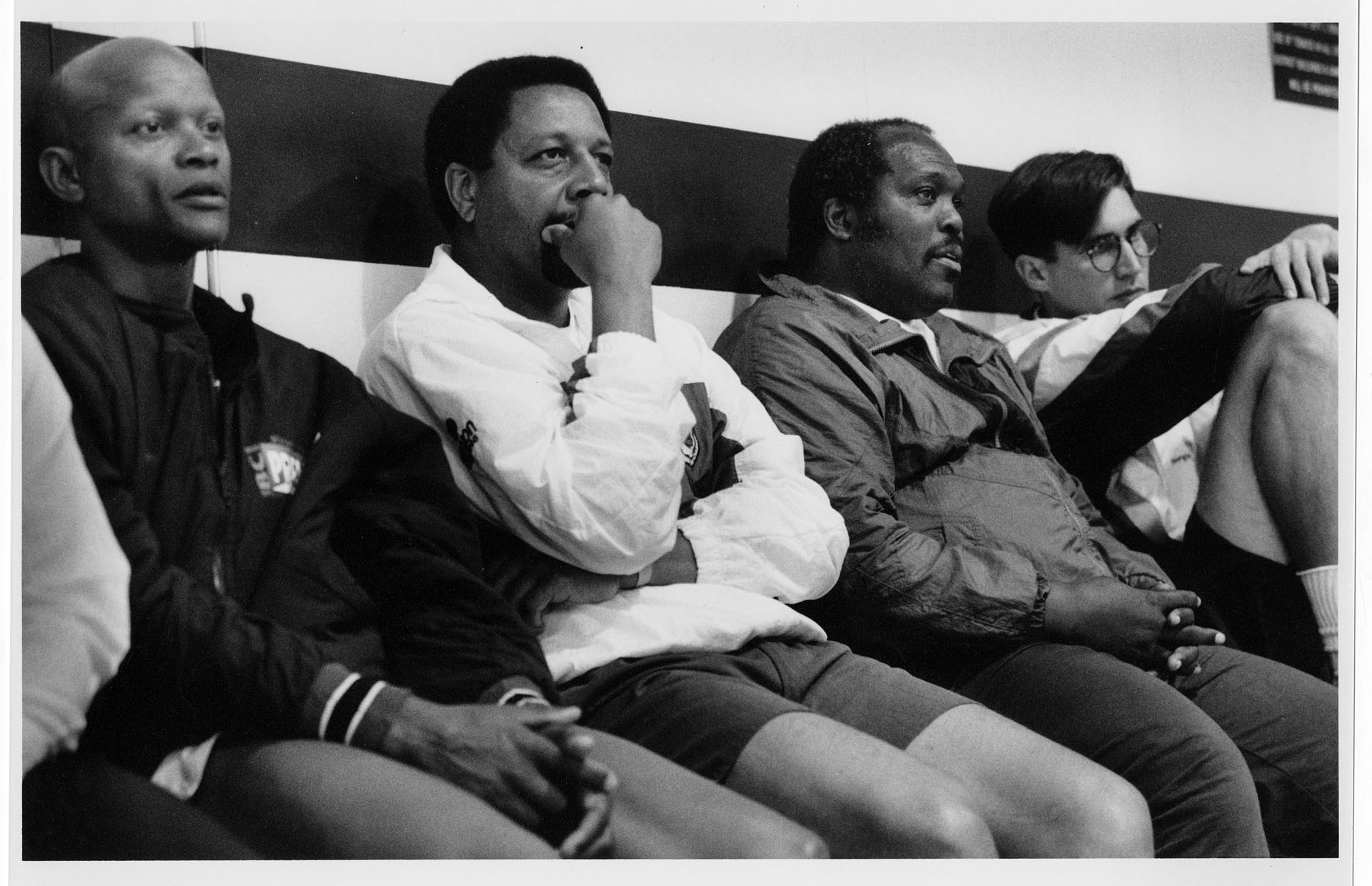 Image of Fred Brown, Slick Watts, and others at Mercer Island basketball camp, July 14, 1993