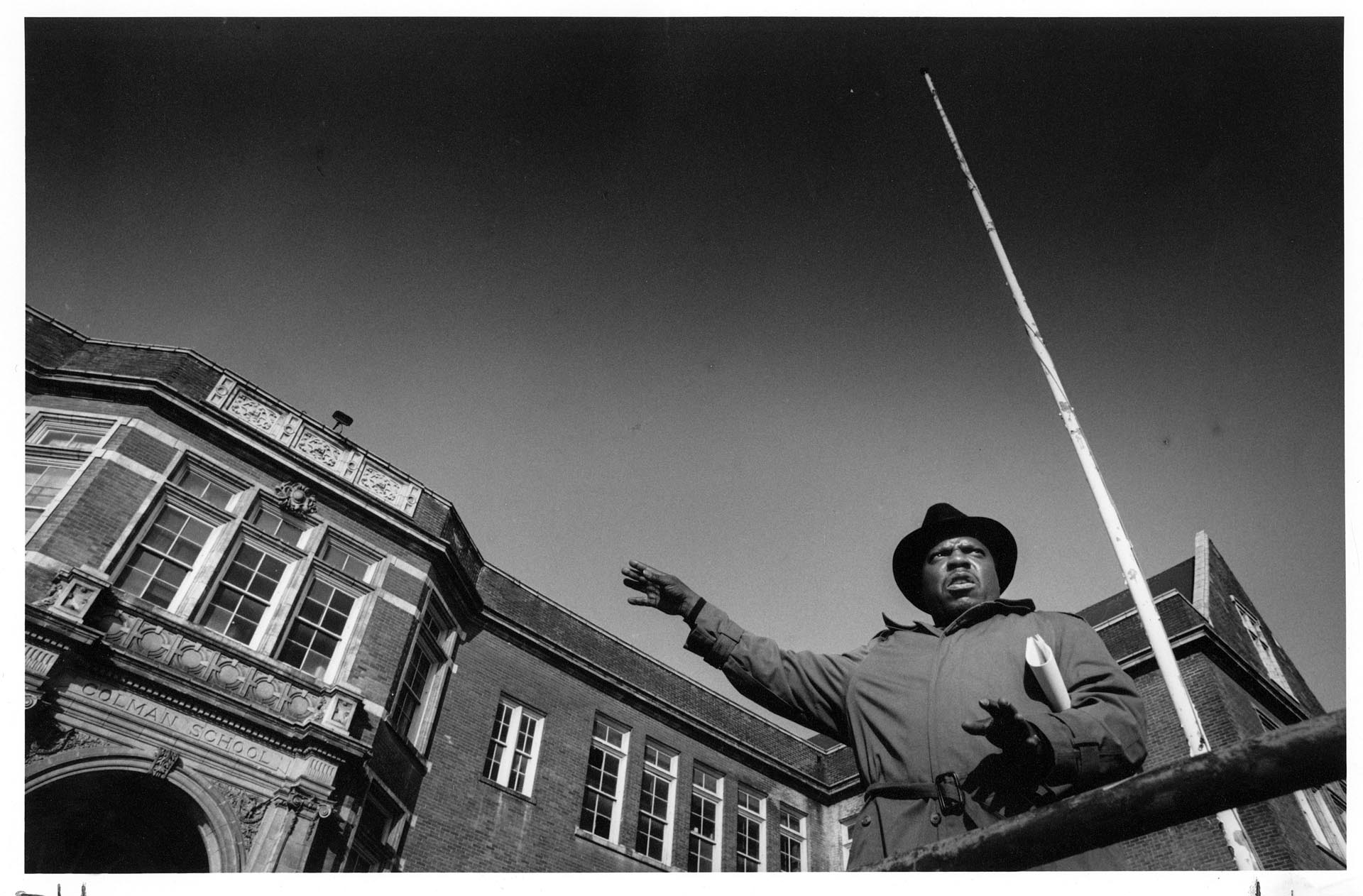 Image of Earl Debnam in front of Colman School, February 16, 1993