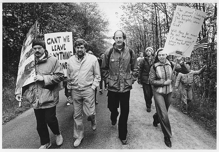 Image of Brock Evans, Mike Lowry, and Jim Whittaker on environmental walk, Seattle, May 3, 1982