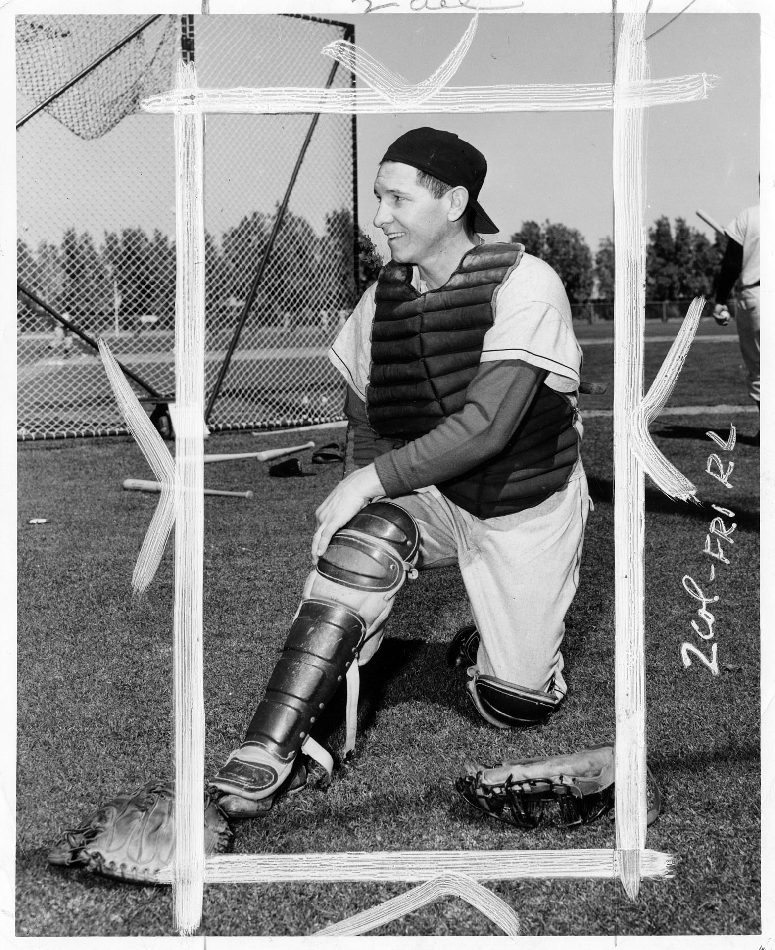 Image of Joe Erautt in Seattle Rainiers' catcher's uniform, Palm Springs, March 12, 1954