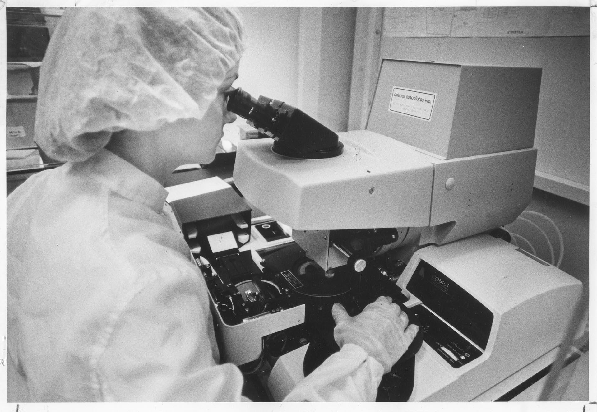 Image of Woman working on microcircuits at Fluke Manufacturing, Everett, October 29, 1981